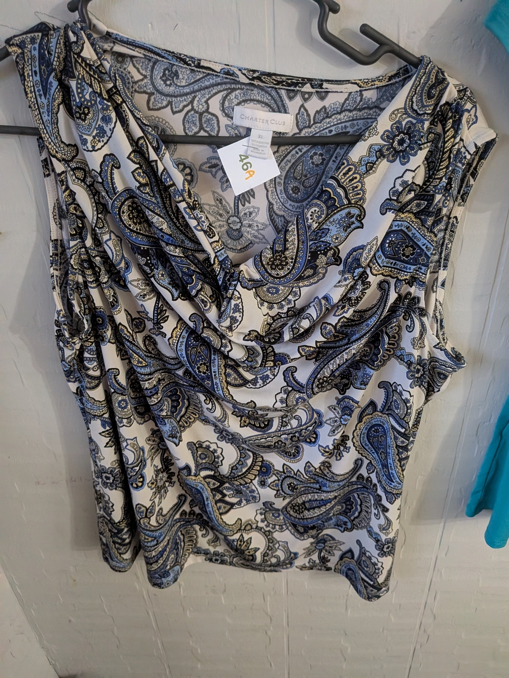 Charter Club Blue and White Paisley Drape-Neck Sleeveless Top